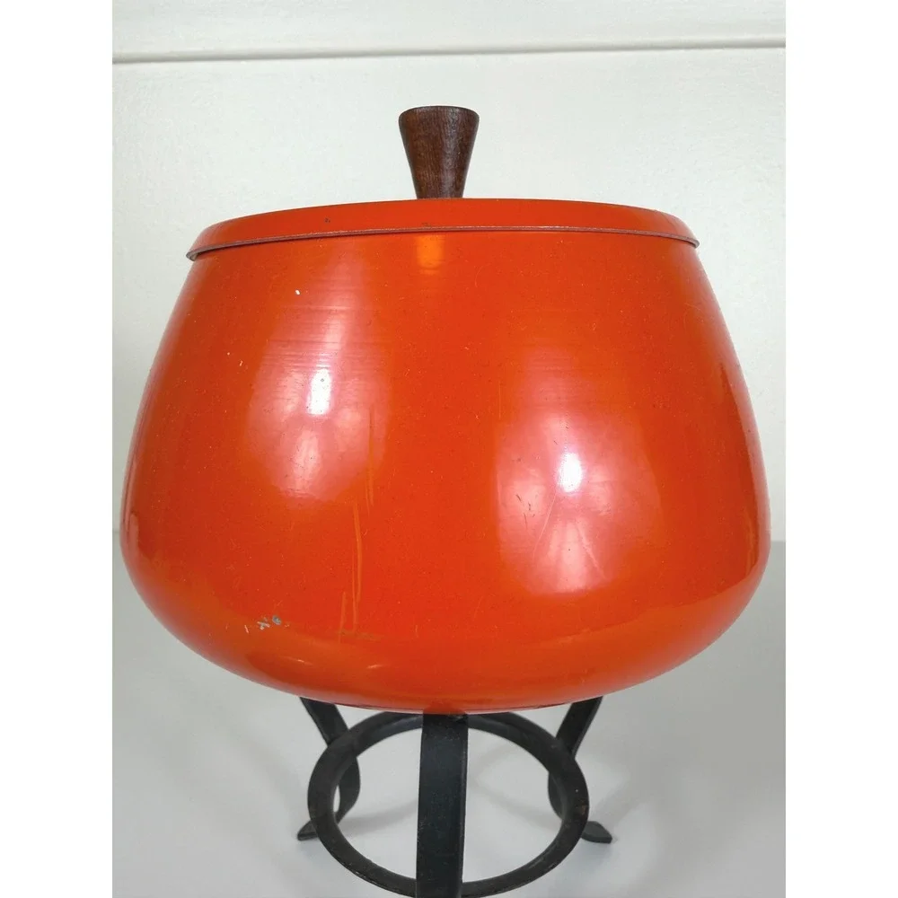 Vintage MCM Fondue Pot And Stand Orange Teakwood 60's Retro